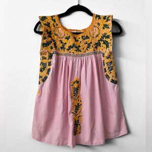 Mi Golondrina Hand-Embroidered Mexican Blouse Pink Gingham Tunic Top Boho  XS